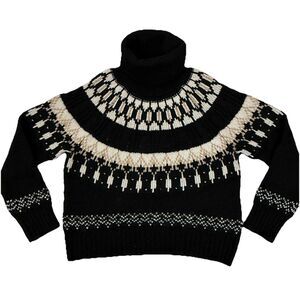 Old Navy Fair Isle Turtleneck Sweater Size Small Black Ivory Cozy Knit